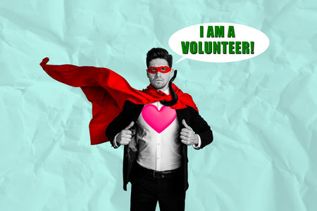 Collage picture image of classy elegant attractive rescuer guy wearing red cape saying i am volunteer isolated on paper backgroundの写真素材
