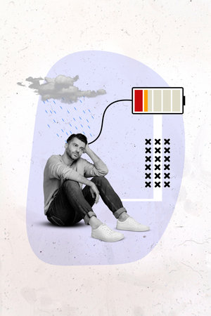 Creative template graphics collage image of tired overworked guy charging low energy battery isolated white color backgroundの写真素材
