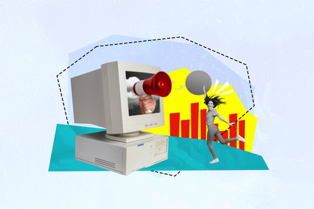 Photo collage picture young cheerful girl results stats columns pc monitor screen loudspeaker announcement proclaim infoの写真素材