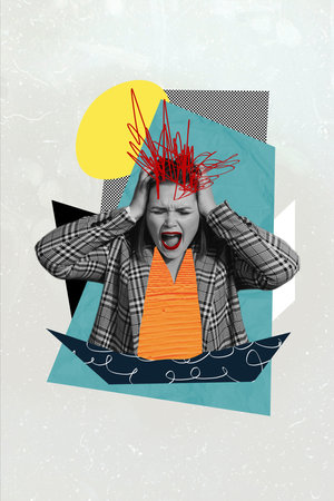 Vertical collage picture image illustration monochrome effect stressful depressed painful young woman feels bad colorful backgroundの写真素材