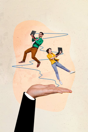 Vertical collage picture image illustration happy successful cheerful young woman man fly coworkers laptop exclusive templateの写真素材
