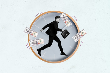 Artwork collage of mini black white colors elegant guy hold briefcase run inside huge clock watch flying dollar bills isolated on blue backgroundの写真素材