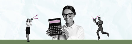 Creative collage image of black white effect people communicate loudspeaker use laptop hold calculator isolated on paper backgroundの写真素材