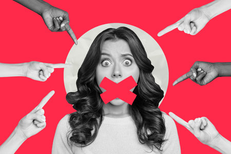 Artwork collage sketch of arms showing afraid scared woman with closed mouth listening haters speech abuse bullying conceptの写真素材