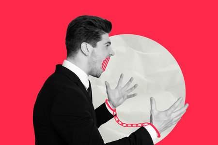 Creative graphics collage image of prisoned guy closed eyes handcuffs isolated red colorful backgroundの写真素材