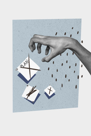 Vertical survey list collage hand grabbing checkbox all plans crossed out nothing done correctly isolated over gray color backgroundの写真素材