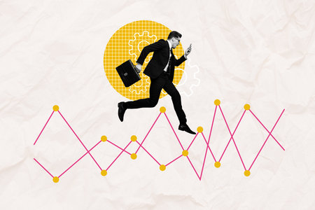 Photo collage artwork picture of purposeful excited worker running showing presentation modern device isolated creative backgroundの写真素材