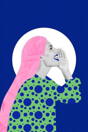 Creative artwork template collage of funky screaming announcement pink hair isolated blue color backgroundの写真素材
