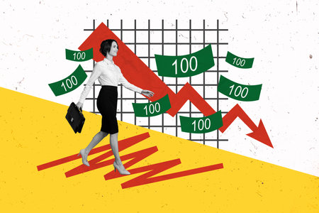 Collage retro sketch image of confident lady showing decreasing plan isolated painting backgroundの写真素材