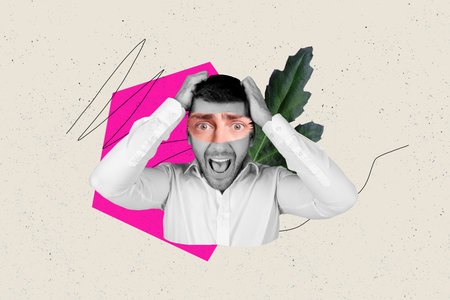 Collage picture of overloaded screaming man worker in shirt touching head stressed questioned puzzled isolated on gray color backgroundの写真素材