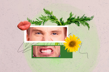 Collage creative illustration poster angry upset aggressive young man frame fresh flower lips kiss leaf unusual colorful backgroundの写真素材