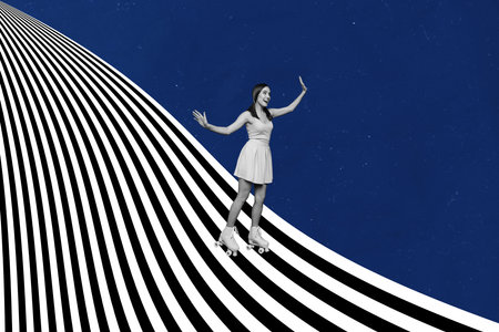 Composite collage of overjoyed cheerful black white colors girl enjoy ride rollerblades striped zebra hill isolated on creative backgroundの写真素材