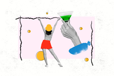 Collage creative picture illustration black white filter happy joyful relax young female pose party alcohol cocktail sketch white backgroundの写真素材