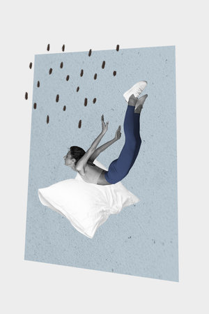 Composite collage creative picture of young sports woman falling down flying to pillow and sleeping isolated on gray color backgroundの写真素材