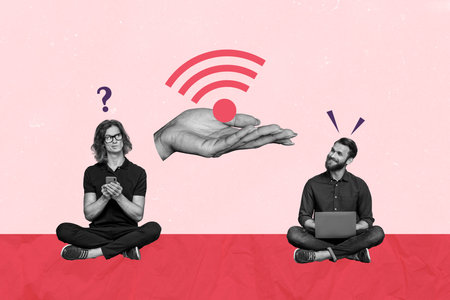 Composite image sketch photo collage poster of two young guys work  laptop hand offer wifi 5g fast speed connection isolated on pink backgroundの写真素材
