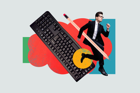 Collage creative picture illustration attractive serious businesslike young man hold big pencil keyboard wireless colorful figure templateの写真素材