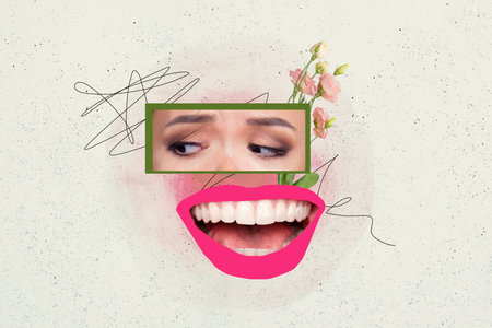 Creative collage image illustration happy sadness element human face smile mouth flower fresh bouquet doodle sketch white backgroundの写真素材