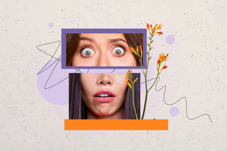 Creative collage picture illustration image frame element young woman mouth open scary terrified lily flower bubble sketch white backgroundの写真素材