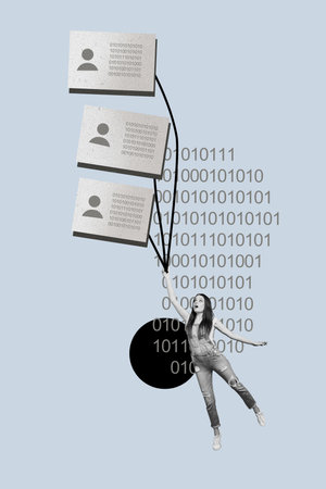 Vertical collage young girl raise upwards hold rope flight internet digital users profile data encryption code binary data informationの写真素材