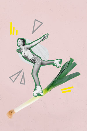 Vertical image poster young cheerful girl roller skate leisure weekend rest carefree vegan nutrition green fresh onion ingredient mealの写真素材