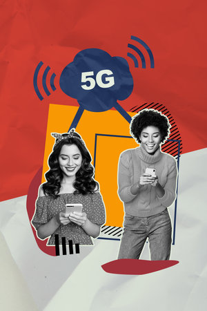 Vertical collage picture two young woman communicate speed internet 5g fast connection wireless...