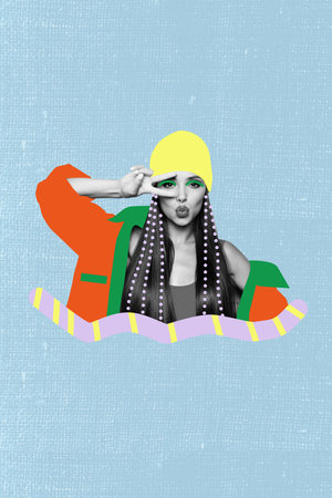 Vertical collage poster young flirty girl showing peace gesture blow kiss lips drawing eyebrows colorful painted outfit colored backgroundの写真素材