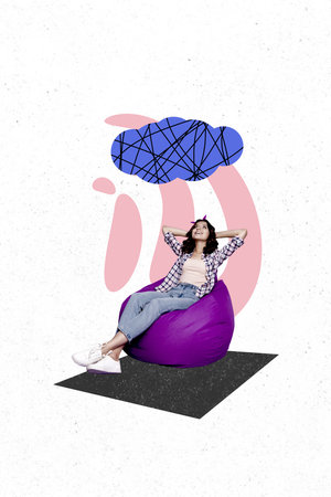 Creative abstract template collage of calm female sit bean bag relaxed thoughts imagination cloud billboard comics zine minimalの写真素材