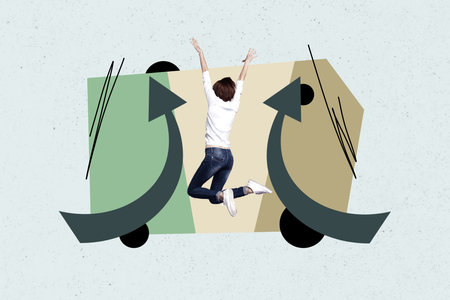 Composite collage image of funny girl jumping have fun back arrows point up career development...