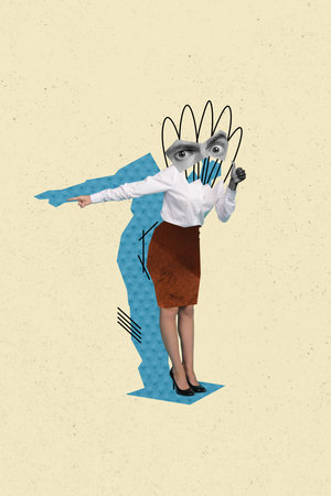 Composite collage picture image of bossy strict female office manager face element part point finger deadline billboard comics zine minimalの写真素材
