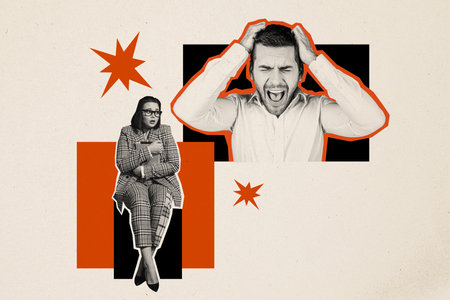 Photo collage picture poster banner young businesspeople woman shouting man pain suffer headache difficulties workload troublesの写真素材