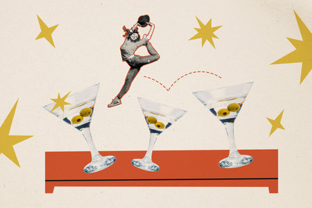Collage picture of positive mini black white colors girl arms hold headwear jump between big alcohol cocktail glass isolated on beige backgroundの写真素材