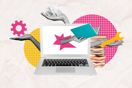 Collage picture concept of remote education lesson from home homework tasks drawing backgroundの写真素材