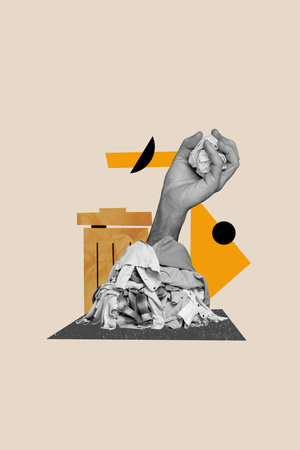 3d retro abstract creative artwork template collage of consumerism hand hold clothes pile trash bin billboard comics zine minimalの写真素材
