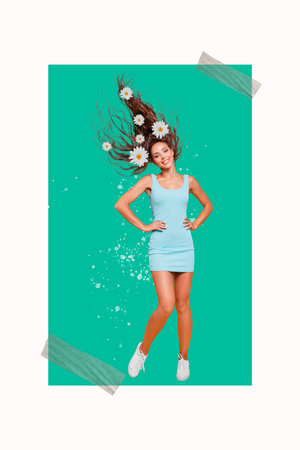 Vertical collage poster young woman carefree cheerful mood smile flowers blooming hair blossom natural plant summertime drawing backgroundの写真素材