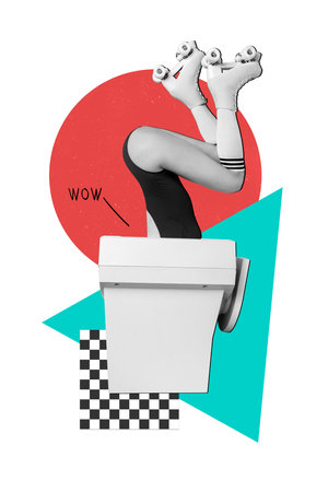 Collage artwork graphics picture of sexy lady diving obsolete vintage computer screen isolated painting backgroundの写真素材