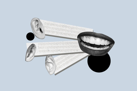 Creative photo collage picture woman mouth toothy smile speak tell say rumors human public ears hear information data numbers encryptedの写真素材