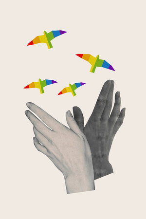 Vertical creative composite abstract photo collage of two human hands let colorful birds out in freedom isolated on drawing backgroundの写真素材