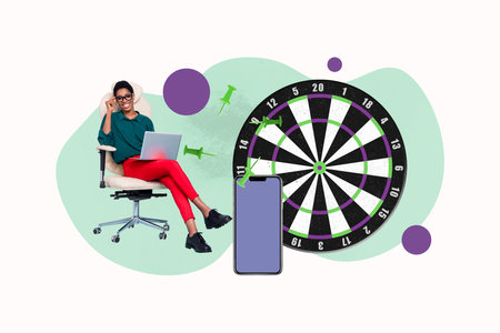 Photo collage sitting young cheerful woman laptop freelancer worker startup business darts board hit target achieve goal smartphone screenの写真素材