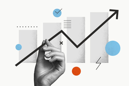 Creative collage illustration financial 3d template money graphic trend digital progress charts isolated over white color backgroundの写真素材