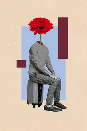 3d pop collage illustration of red gerbera instead head man sitting valise waiting for girlfriend in airport isolated on beige backgroundの写真素材