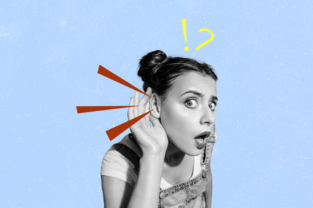 Composite creative art collage of surprised funny lady black white gamma listen ear neighbors rumors...