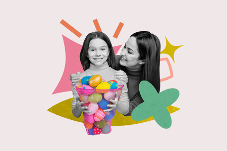 Creative collage young happy little girl celebrate easter holiday spring feast collect gather...