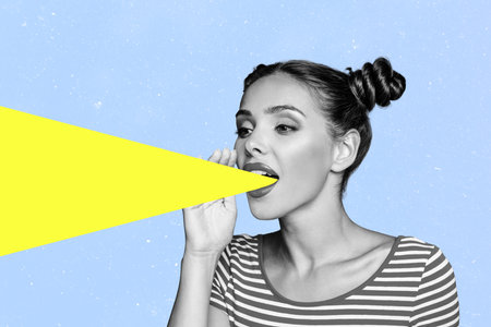 Collage picture of black white colors girl arm near mouth communicate radiate light isolated on blue backgroundの写真素材