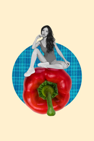 Vertical image collage sitting young sexy girl red pepper vegan nutrition vitamins diet healthcare weightloss slim figure drawing backgroundの写真素材