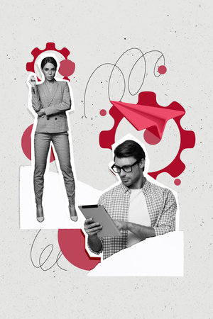 Vertical collage of mini black white effect successful girl guy use tablet flying paper plane message cogwheel gear isolated on grey backgroundの写真素材
