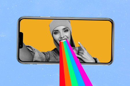 Creative collage picture of black white colors girl make selfie show heavy metal symbol radiate...