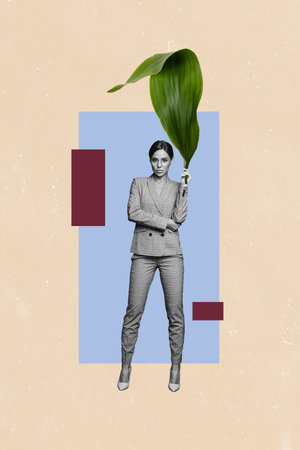 Vertical collage image of elegant black white effect girl arm hold big green leaf isolated on drawing beige backgroundの写真素材