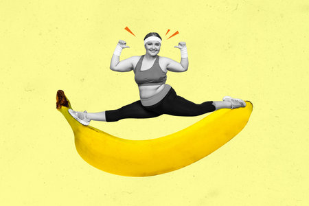 Composite creative art collage of cheerful funny girl do stretching twine body positive belly overweight smile banana isolated on yellow backgroundの写真素材