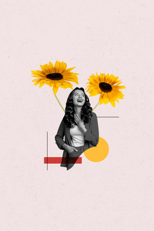 Vertical creative collage image of funny female yellow flowers gardener natural product promotion bizarre unusual fantasy billboardの写真素材