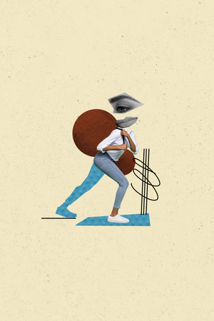 Creative drawing collage picture of female eye mouth face elements walk pull load burden carry entrepreneur weird freak bizarre unusualの写真素材